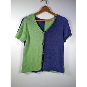 Handmade Knitted Sweater Size Large Color Block Artsy Funky Keyhole Short Sleeve